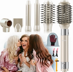 6 in 1 Hair Air Styler, Ionic Hair Dryer Brush Frizz- Free Hot-Air Auto Wrap Curlers, Multi Hair Styler, Blow Dryer for Fast Drying Straightening Volumizing Curling Styling (6-in-1 Set, Gold)