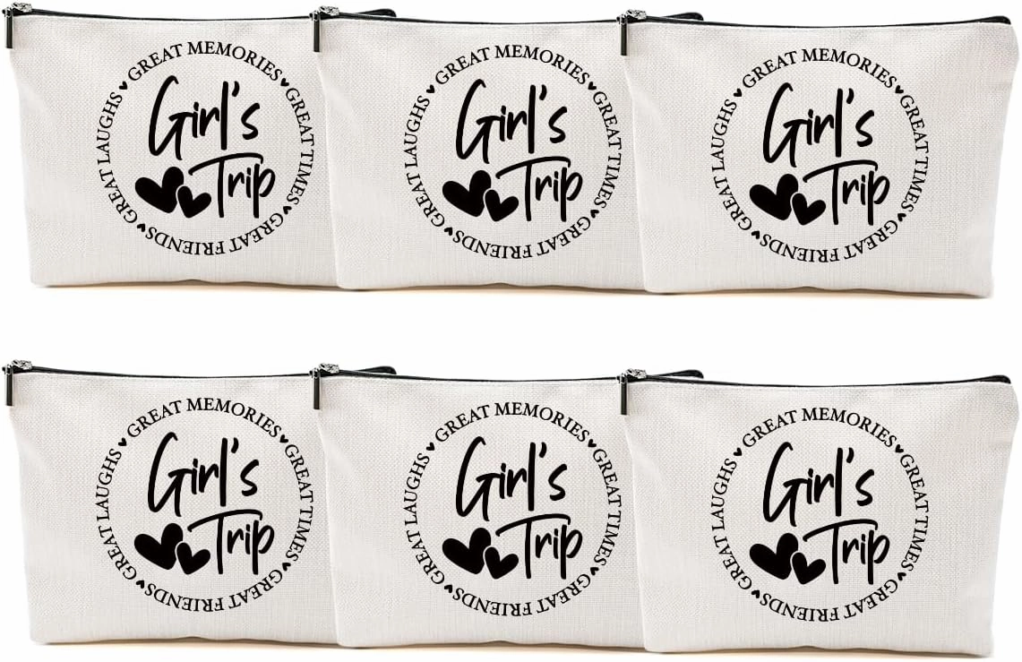 6Pcs Girls Trip Gifts Favors, Girls Weekend Gifts Makeup Bag, Bestie Gifts Weekend Bag Vacation 2025 Cosmetic Bag, Friendship Gifts for Women Friend Coworker, Graduation Wedding Gifts Toiletry Bag