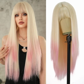 7JHH WIGS Long Straight Light Pink Ombre Wig with Bangs Heat Resistant Fiber Layered Synthetic Long Straight Hair Tail Dye Ombre Wig for Cosplay Christmas Gifts Party Used