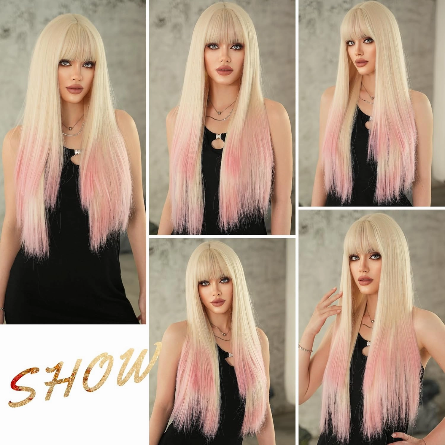 7JHH WIGS Long Straight Light Pink Ombre Wig with Bangs Heat Resistant Fiber Layered Synthetic Long Straight Hair Tail Dye Ombre Wig for Cosplay Christmas Gifts Party Used