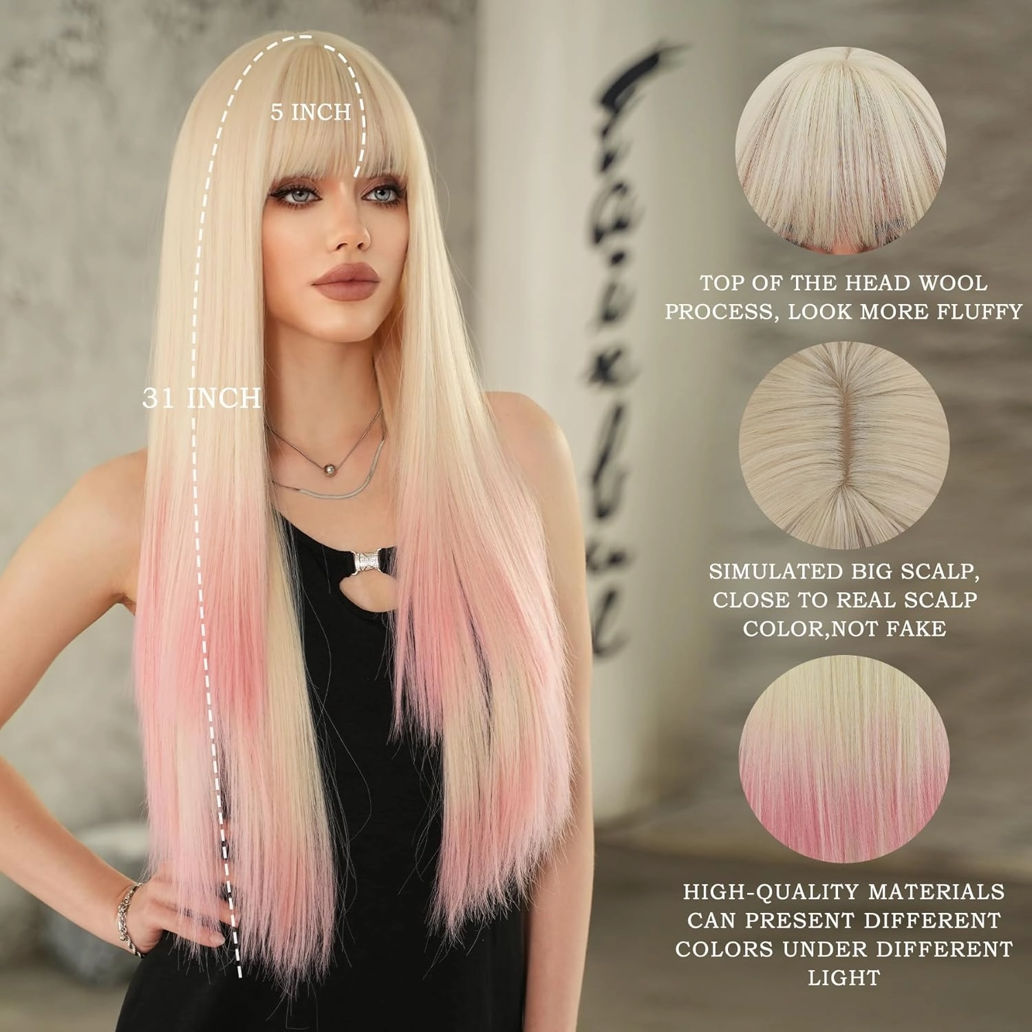 7JHH WIGS Long Straight Light Pink Ombre Wig with Bangs Heat Resistant Fiber Layered Synthetic Long Straight Hair Tail Dye Ombre Wig for Cosplay Christmas Gifts Party Used
