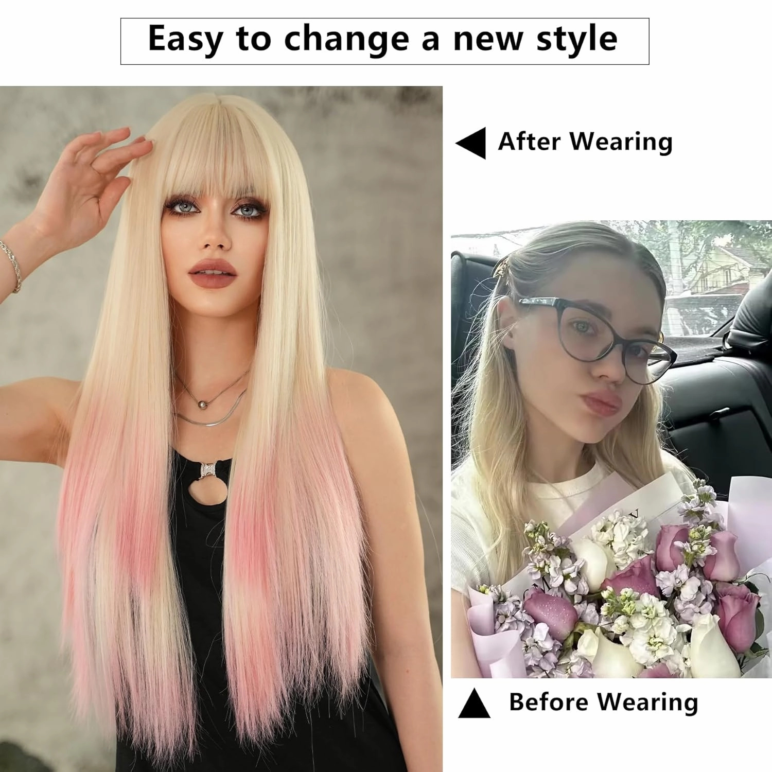 7JHH WIGS Long Straight Light Pink Ombre Wig with Bangs Heat Resistant Fiber Layered Synthetic Long Straight Hair Tail Dye Ombre Wig for Cosplay Christmas Gifts Party Used