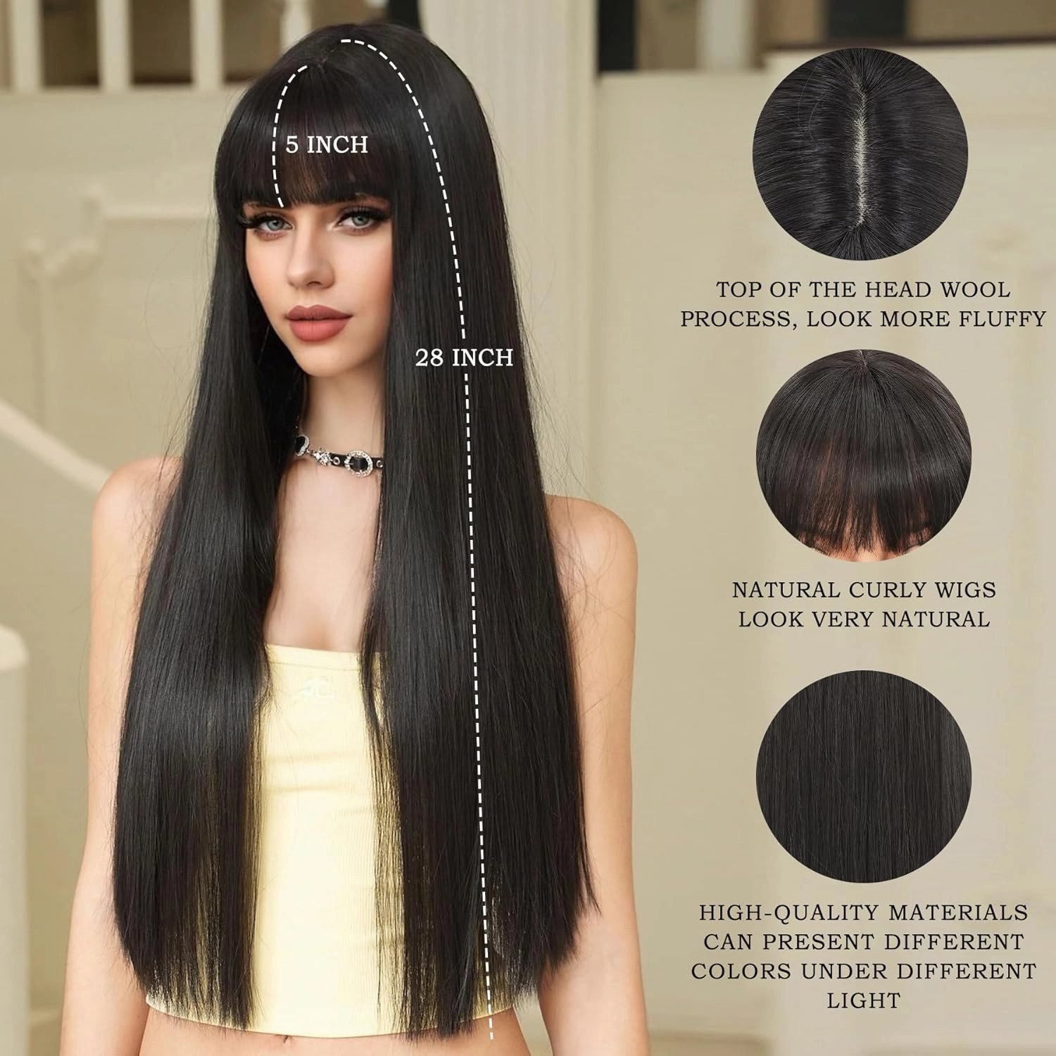 7JHH WIGS Long Straight Natural Black Wig with Bangs Heat Resistant Fiber Layered Synthetic Long Straight Wig for Cosplay Christmas Gifts Party Used