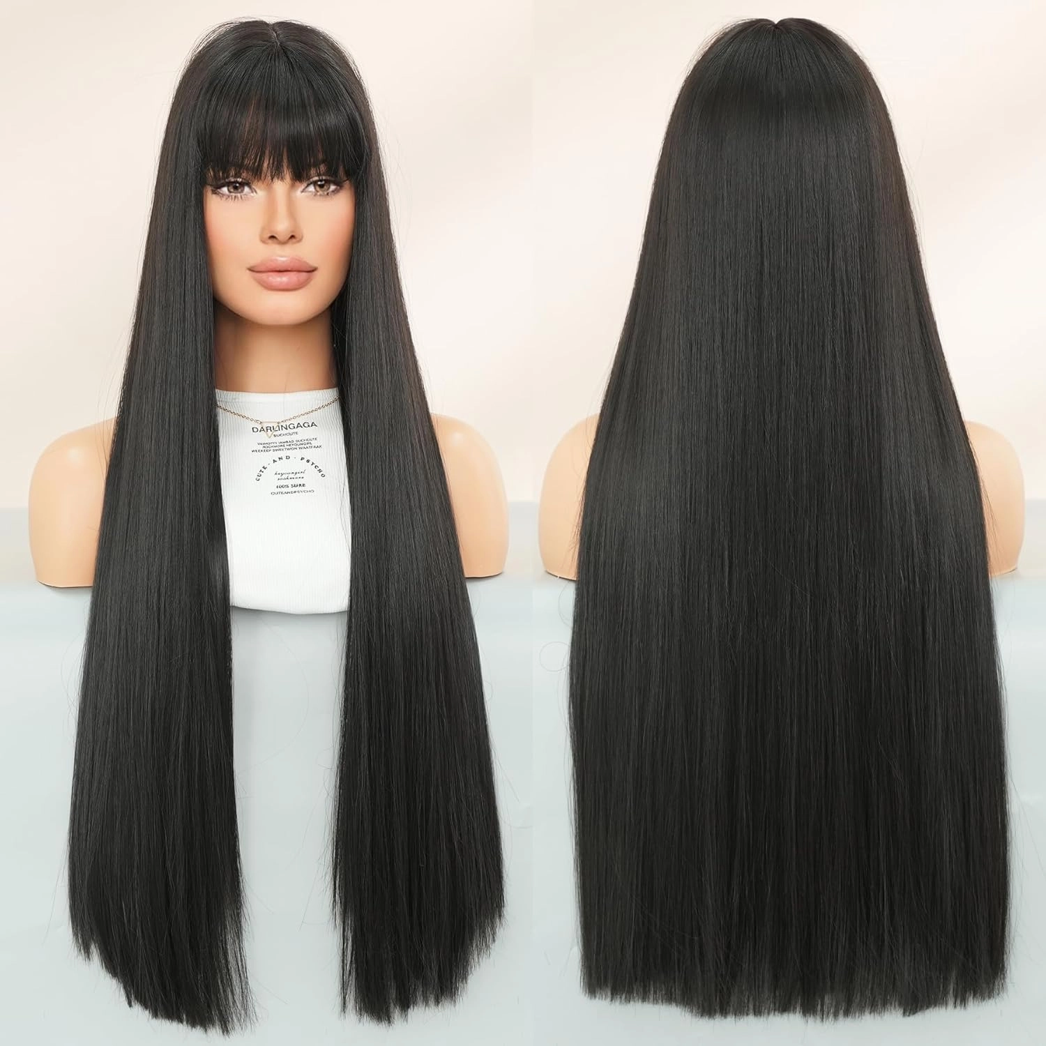 7JHH WIGS Long Straight Natural Black Wig with Bangs Heat Resistant Fiber Layered Synthetic Long Straight Wig for Cosplay Christmas Gifts Party Used