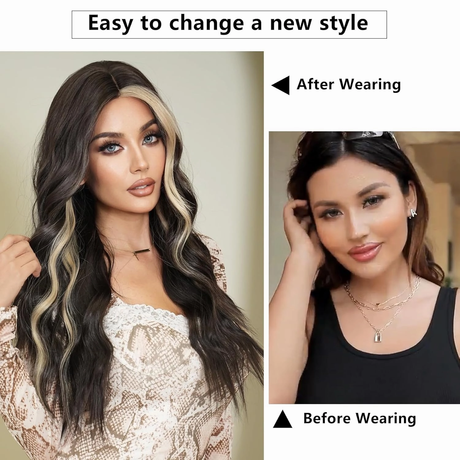7JHH WIGS Middle Part Black Wig with Beige Highlight Ombre Wigs Natural Heat Resistant Fiber Synthetic Natural Black Ombre Wigs for Women Girls Holiday Festival Chrismas Travel Daily Party Used
