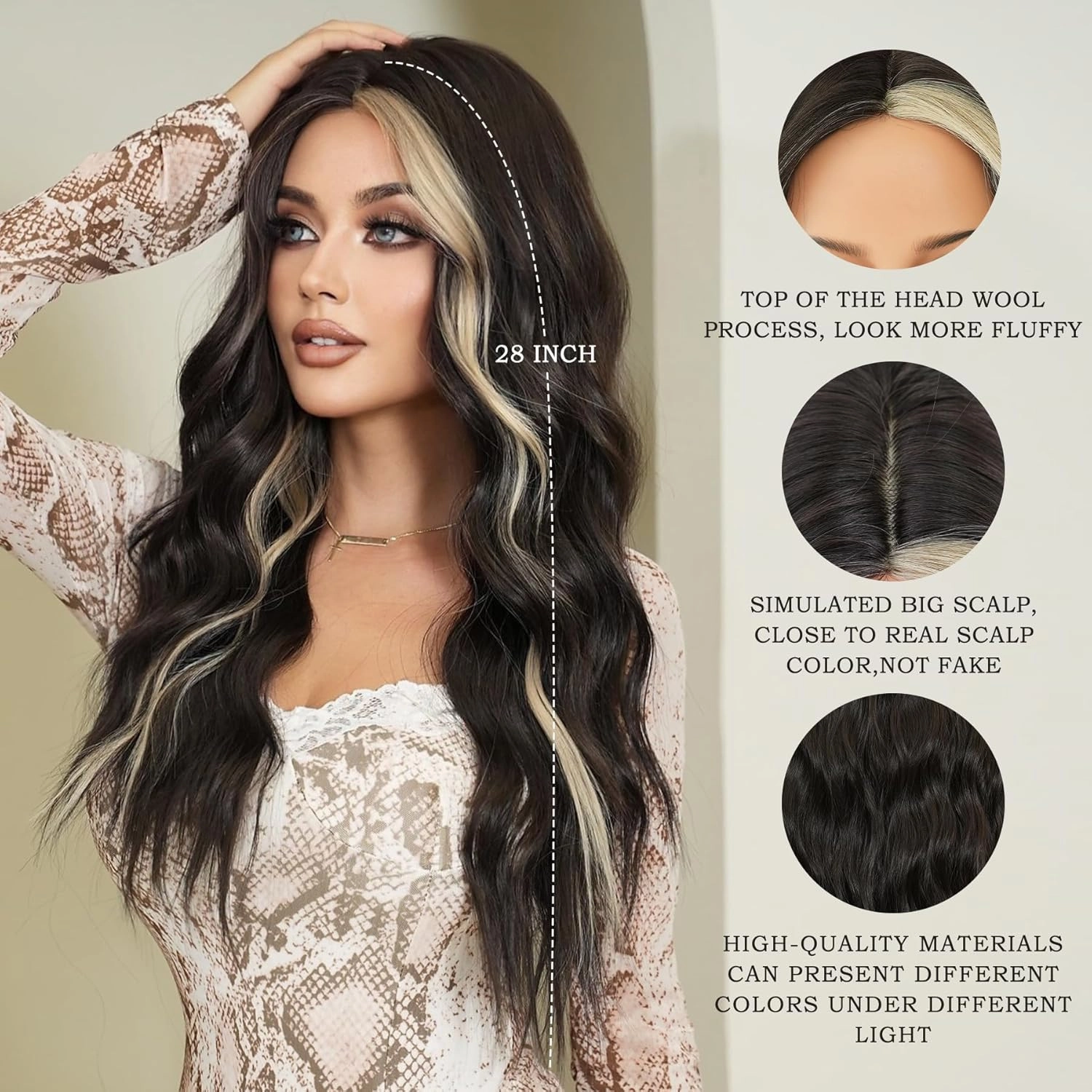 7JHH WIGS Middle Part Black Wig with Beige Highlight Ombre Wigs Natural Heat Resistant Fiber Synthetic Natural Black Ombre Wigs for Women Girls Holiday Festival Chrismas Travel Daily Party Used