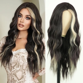 7JHH WIGS Middle Part Black Wig with Beige Highlight Ombre Wigs Natural Heat Resistant Fiber Synthetic Natural Black Ombre Wigs for Women Girls Holiday Festival Chrismas Travel Daily Party Used