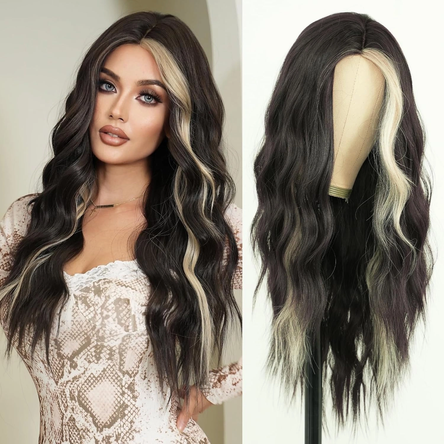 7JHH WIGS Middle Part Black Wig with Beige Highlight Ombre Wigs Natural Heat Resistant Fiber Synthetic Natural Black Ombre Wigs for Women Girls Holiday Festival Chrismas Travel Daily Party Used
