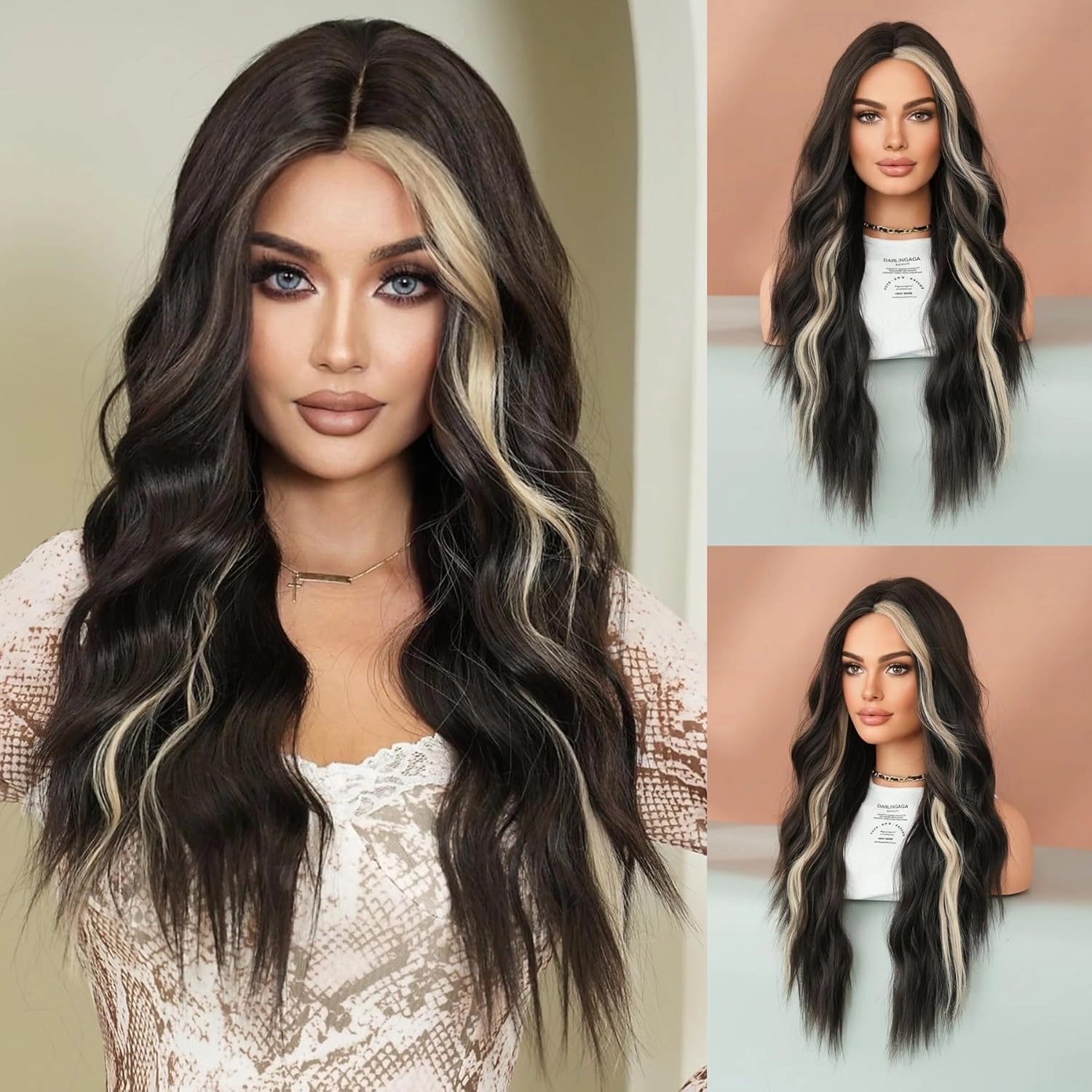 7JHH WIGS Middle Part Black Wig with Beige Highlight Ombre Wigs Natural Heat Resistant Fiber Synthetic Natural Black Ombre Wigs for Women Girls Holiday Festival Chrismas Travel Daily Party Used