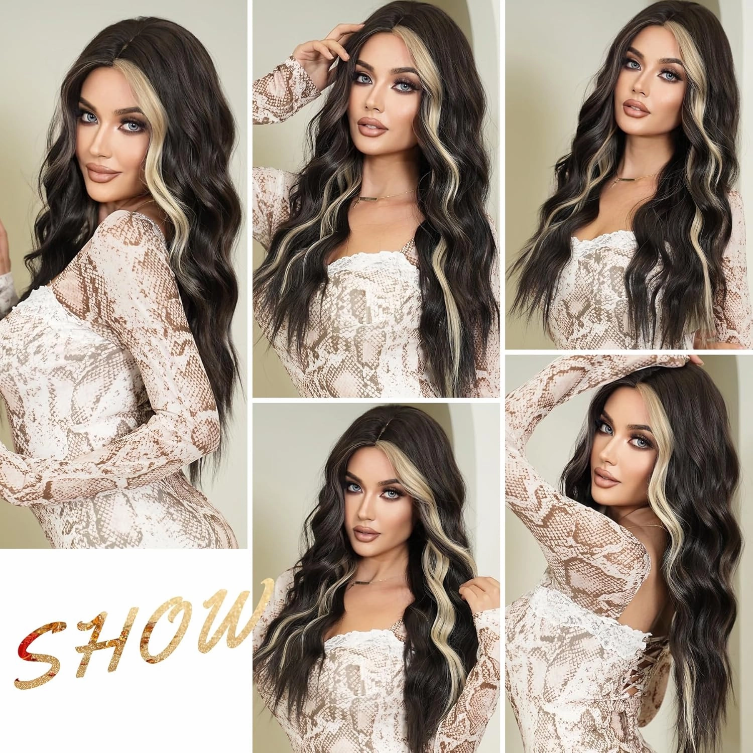 7JHH WIGS Middle Part Black Wig with Beige Highlight Ombre Wigs Natural Heat Resistant Fiber Synthetic Natural Black Ombre Wigs for Women Girls Holiday Festival Chrismas Travel Daily Party Used