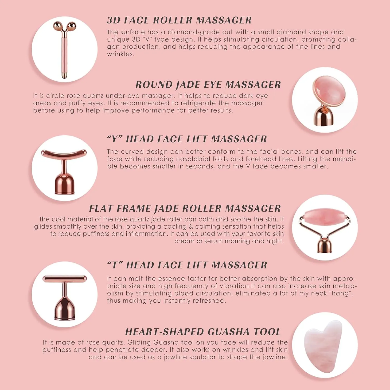 7pcs Facial Jade Roller and Gua Sha Kit, 100% Natural Jade Stone Face Massager for Skin Tightening, Dark Circles, Skin Rejuvenation, Wrinkle Remover, Men and Women Massage Tool Gift Set, Pink
