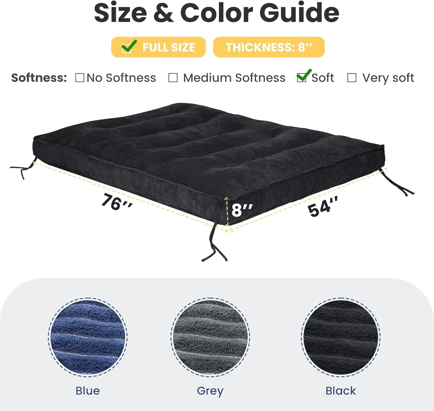 8 Inch Futon Mattress Full Size, Extra Thick Futon Sofa Bed Upgraded Japanese Floor Mattress Floor Futons Mattress for Adults Foldable Japanese Futon Mattress 8", Black