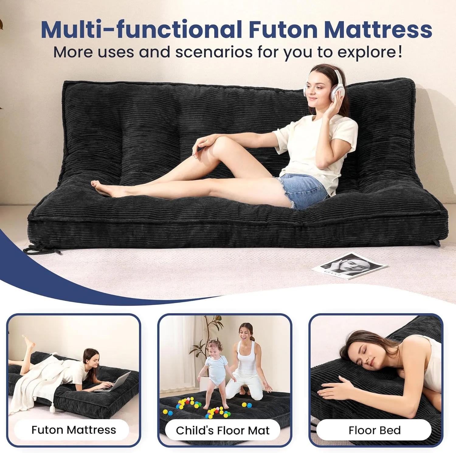 8 Inch Futon Mattress Full Size, Extra Thick Futon Sofa Bed Upgraded Japanese Floor Mattress Floor Futons Mattress for Adults Foldable Japanese Futon Mattress 8", Black