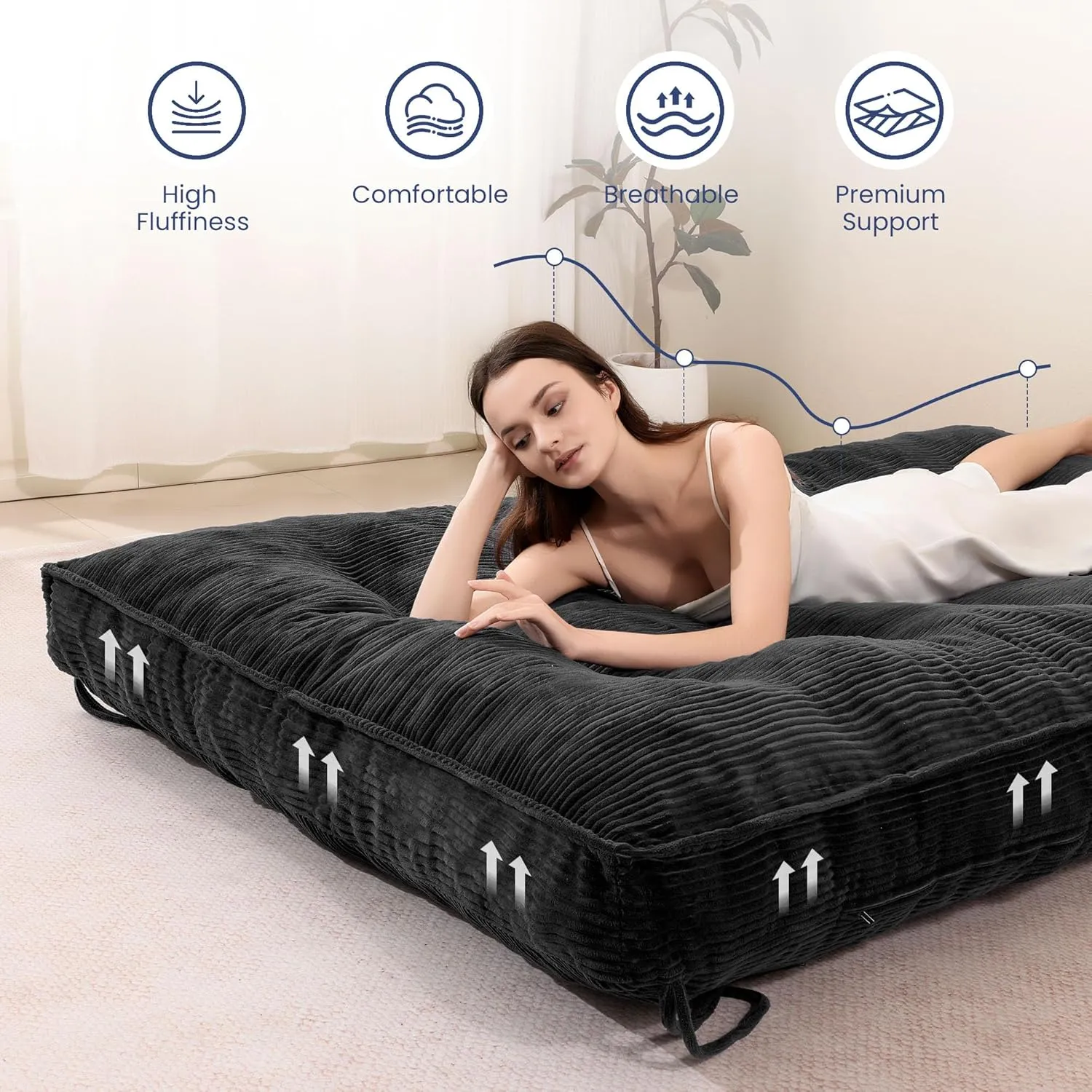 8 Inch Futon Mattress Full Size, Extra Thick Futon Sofa Bed Upgraded Japanese Floor Mattress Floor Futons Mattress for Adults Foldable Japanese Futon Mattress 8", Black