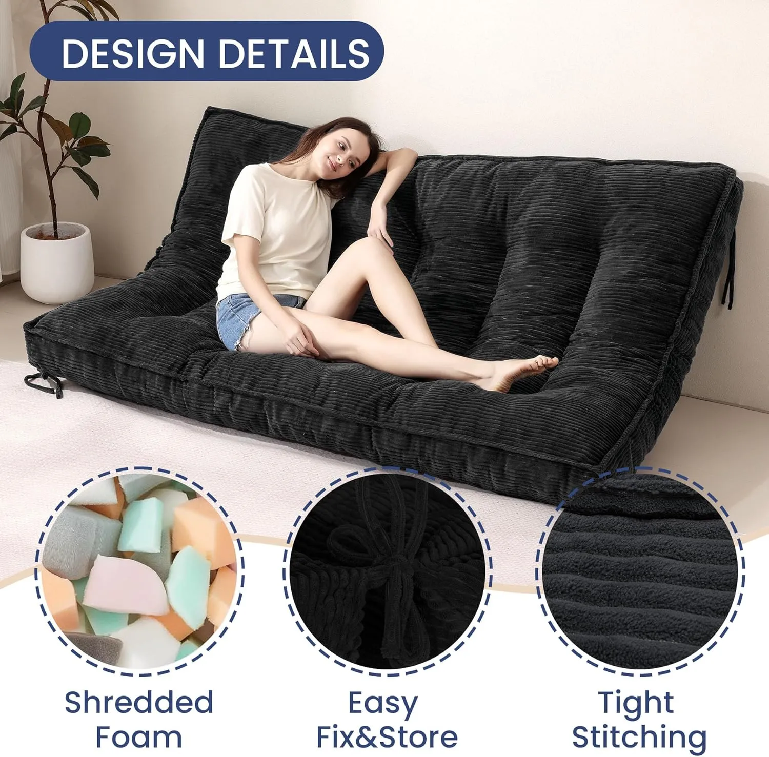 8 Inch Futon Mattress Full Size, Extra Thick Futon Sofa Bed Upgraded Japanese Floor Mattress Floor Futons Mattress for Adults Foldable Japanese Futon Mattress 8", Black