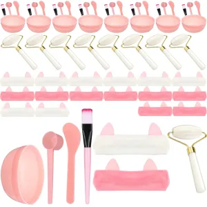 8 Set Spa Party Supplies with 8 Jade Rollers 8 Face Mask Brushes 8 Face Mask Mixing Bowls 8 Headband for Spa Party Favors Sleepover Slumber