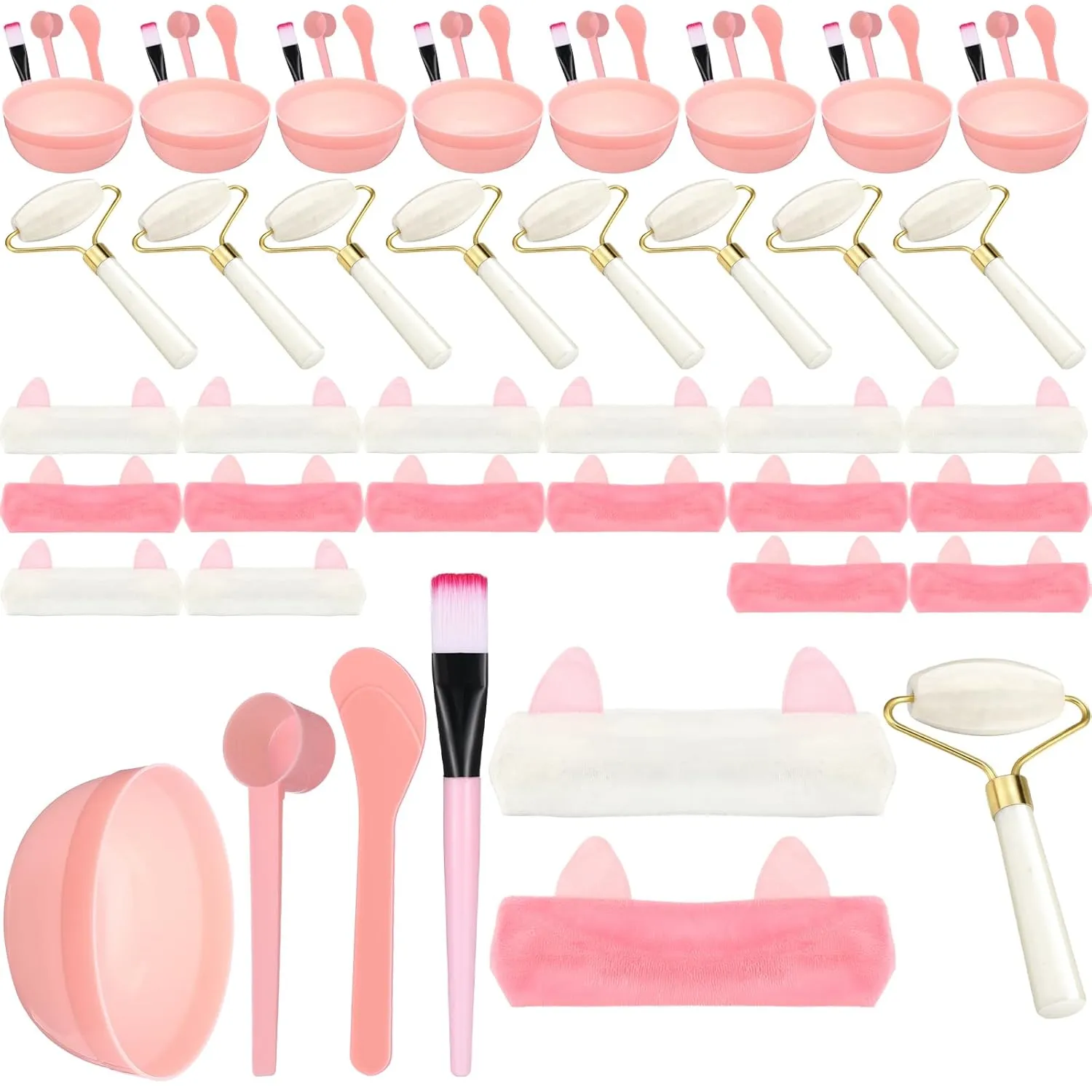 8 Set Spa Party Supplies with 8 Jade Rollers 8 Face Mask Brushes 8 Face Mask Mixing Bowls 8 Headband for Spa Party Favors Sleepover Slumber