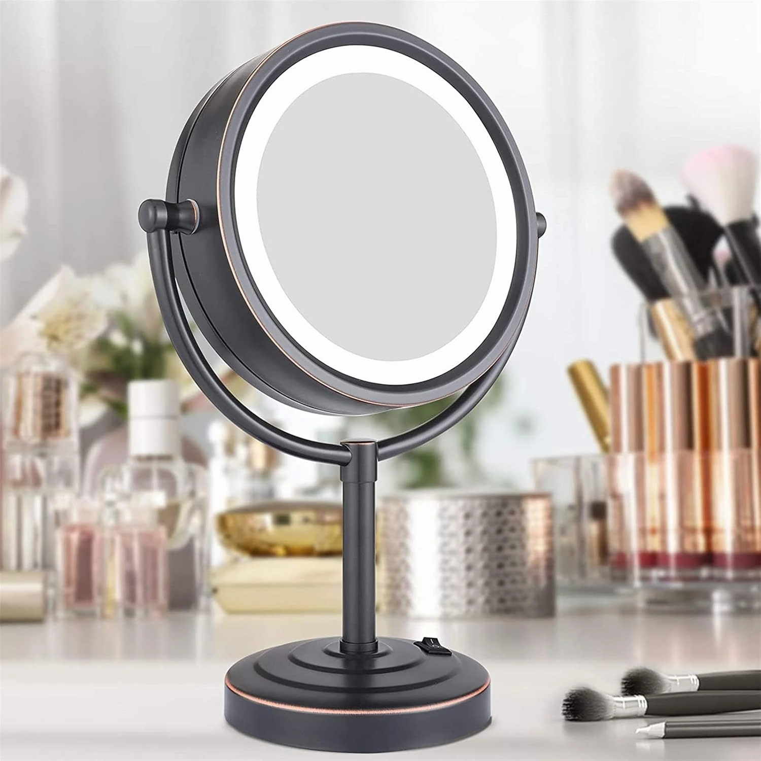 8.5 Inch Tabletop LED Lighted Makeup Mirror with Magnification, Oil Rubbed Black Double Sided Desk Vanity Mirror, Plug Powered,10x (Color : 10x)