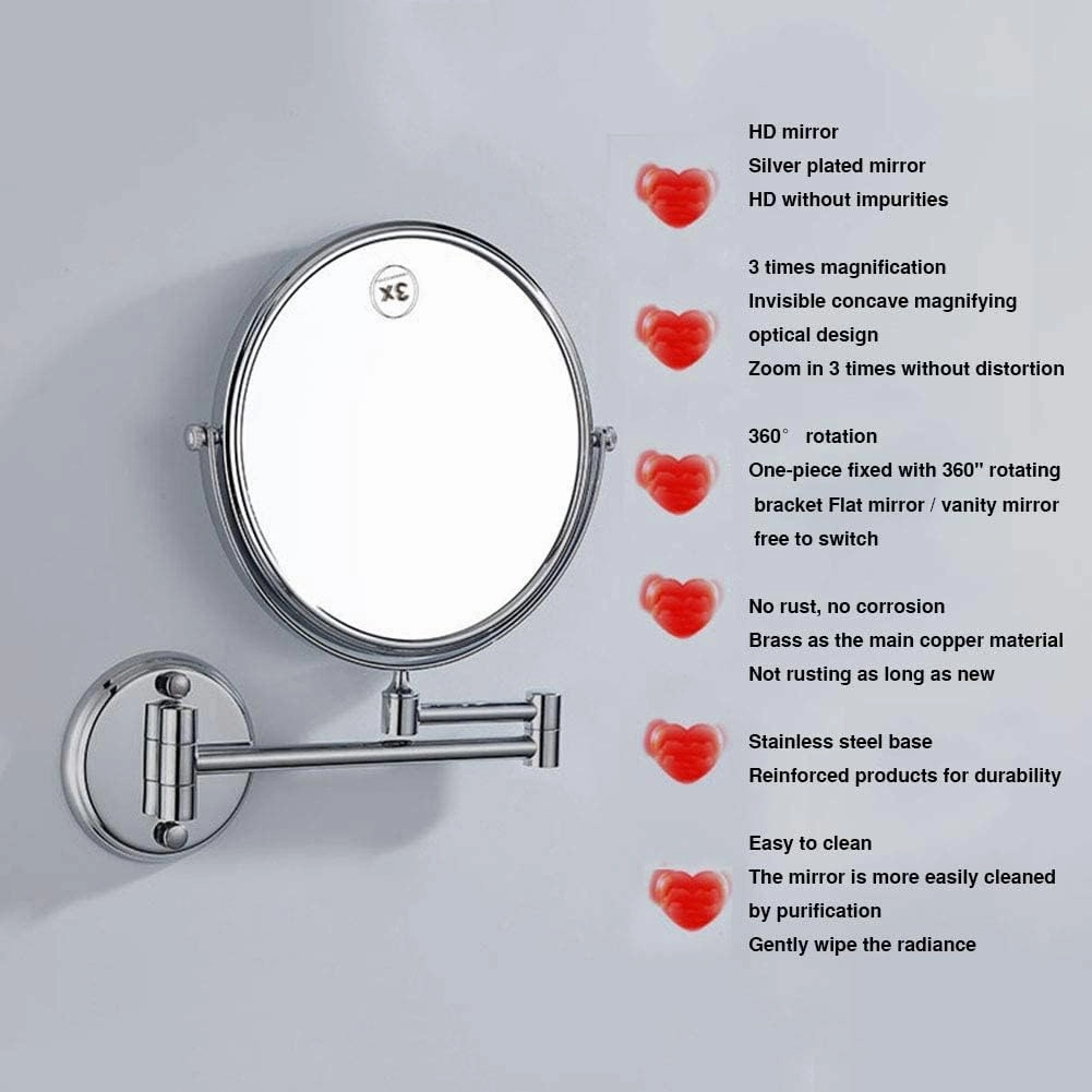 8-Inch Wall Mounted Makeup Mirror, 3X Magnification Two-Sided 360° Swivel Adjustable Height Cosmetic Extendable Bathroom Round Shape Vanity Mirror Chrome,6inchsquarebottom ( Color : 8inchroundbottom )