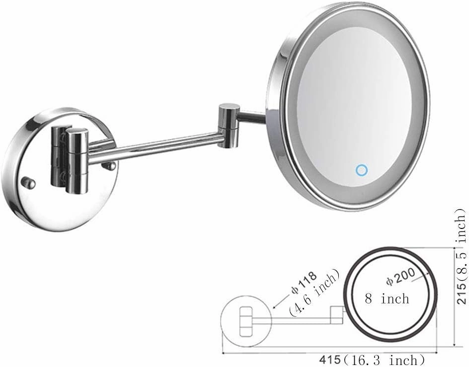 8-Inch Wall Mounted Makeup Mirror, Single-Sided, 360 Degree Swivel, Hardwired, Extendable Arm, Round, for Bathroom(Silver,10x)