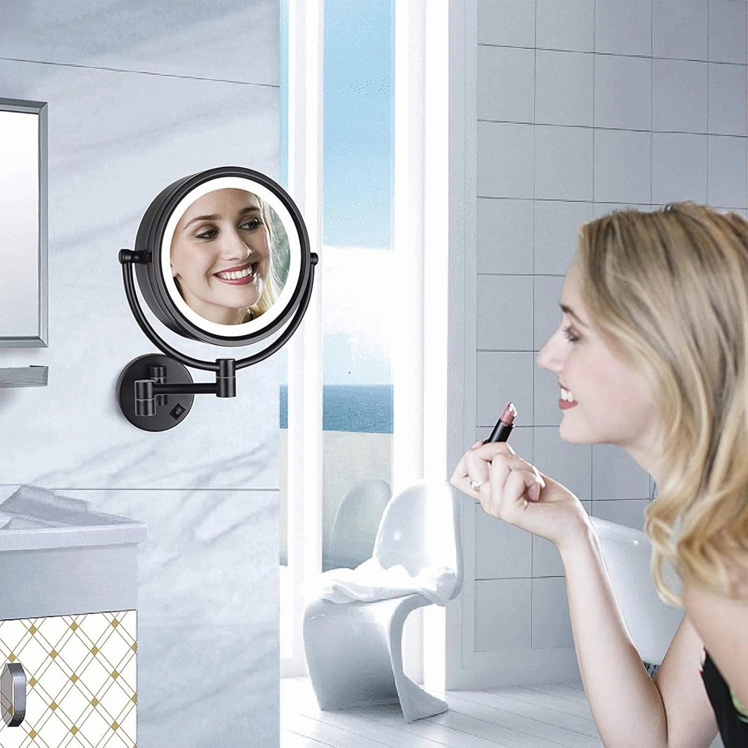 8 Inch Wall Mounted Makeup Mirror with LED Lights, Plug 3X Magnifying Mirror, Wall 360°Rotatable Extendable Double-Sided, Bathroom and in Beauty and Personal Care, Brushed Nickel