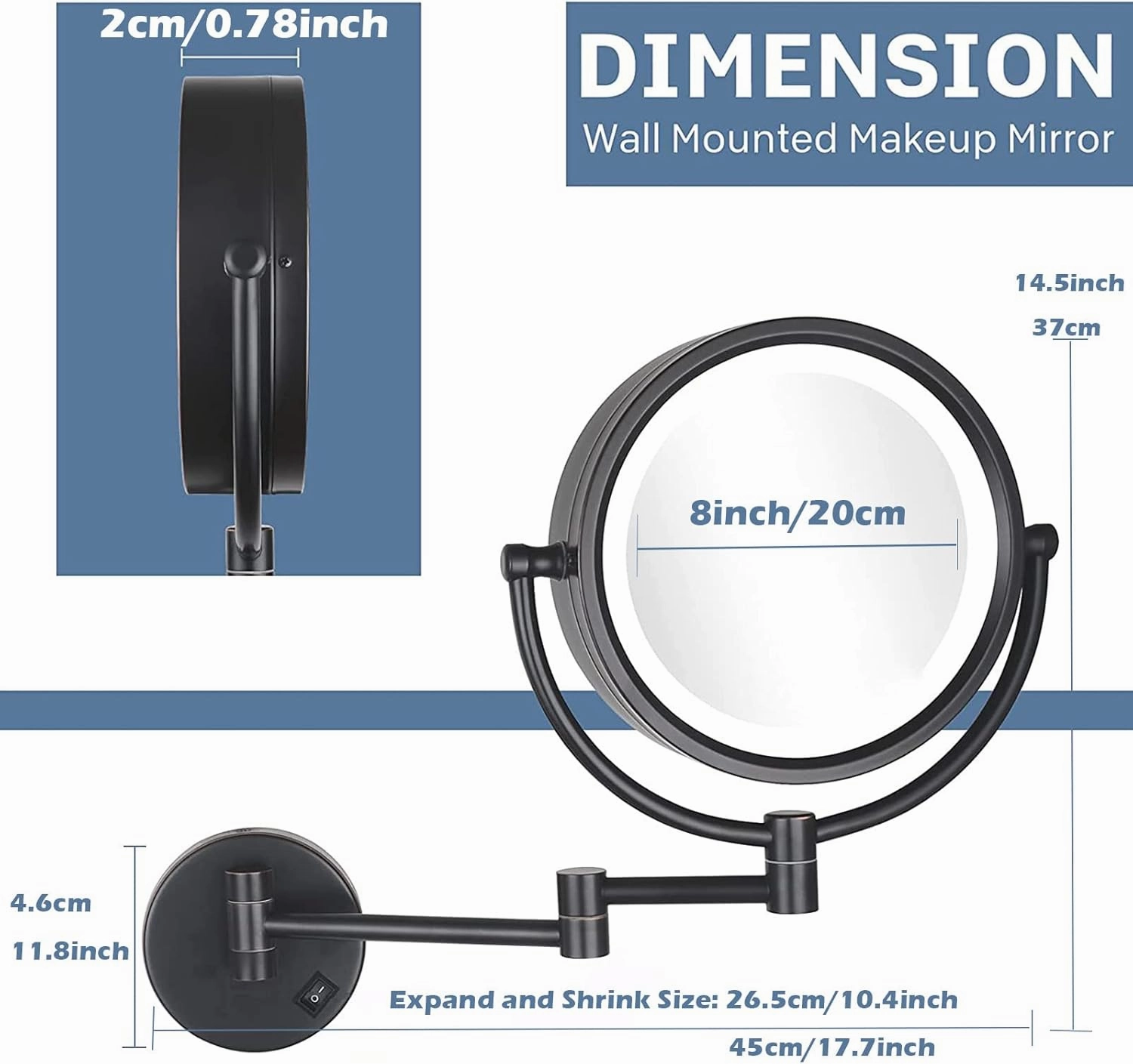 8 Inch Wall Mounted Makeup Mirror with LED Lights, Plug 3X Magnifying Mirror, Wall 360°Rotatable Extendable Double-Sided, Bathroom and in Beauty and Personal Care, Brushed Nickel
