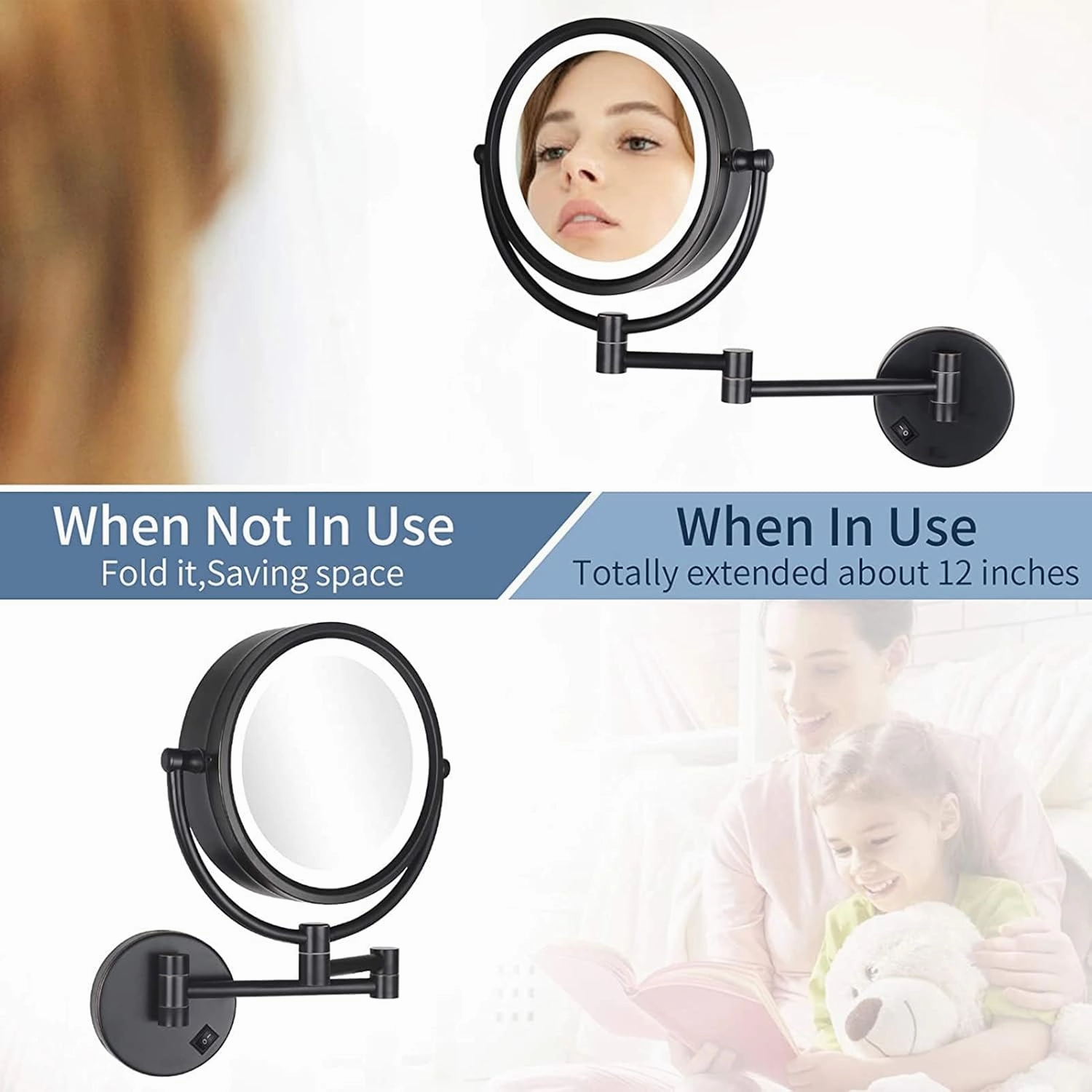 8 Inch Wall Mounted Makeup Mirror with LED Lights, Plug 3X Magnifying Mirror, Wall 360°Rotatable Extendable Double-Sided, Bathroom and in Beauty and Personal Care, Brushed Nickel