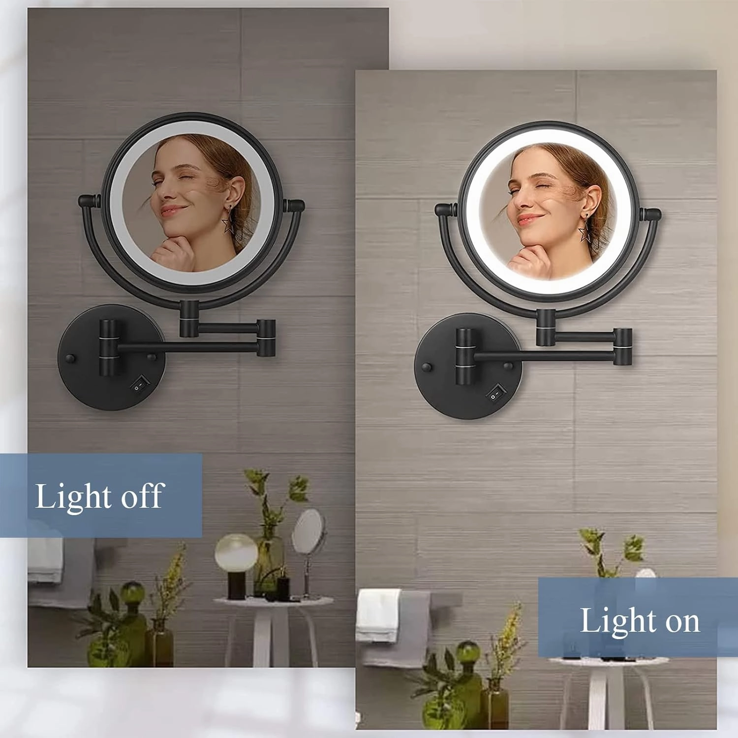 8 Inch Wall Mounted Makeup Mirror with LED Lights, Plug 3X Magnifying Mirror, Wall 360°Rotatable Extendable Double-Sided, Bathroom and in Beauty and Personal Care, Brushed Nickel
