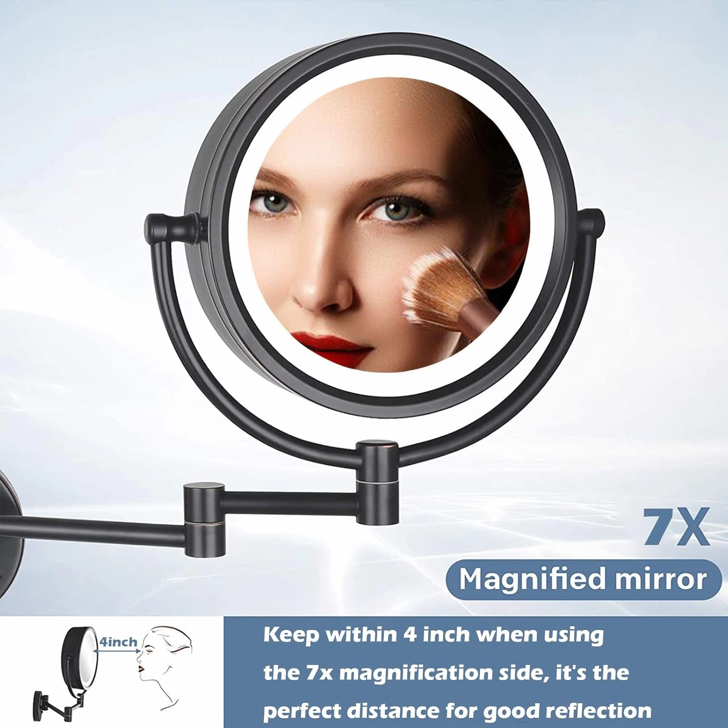 8 Inch Wall Mounted Makeup Mirror with LED Lights, Plug 3X Magnifying Mirror, Wall 360°Rotatable Extendable Double-Sided, Bathroom and in Beauty and Personal Care, Brushed Nickel