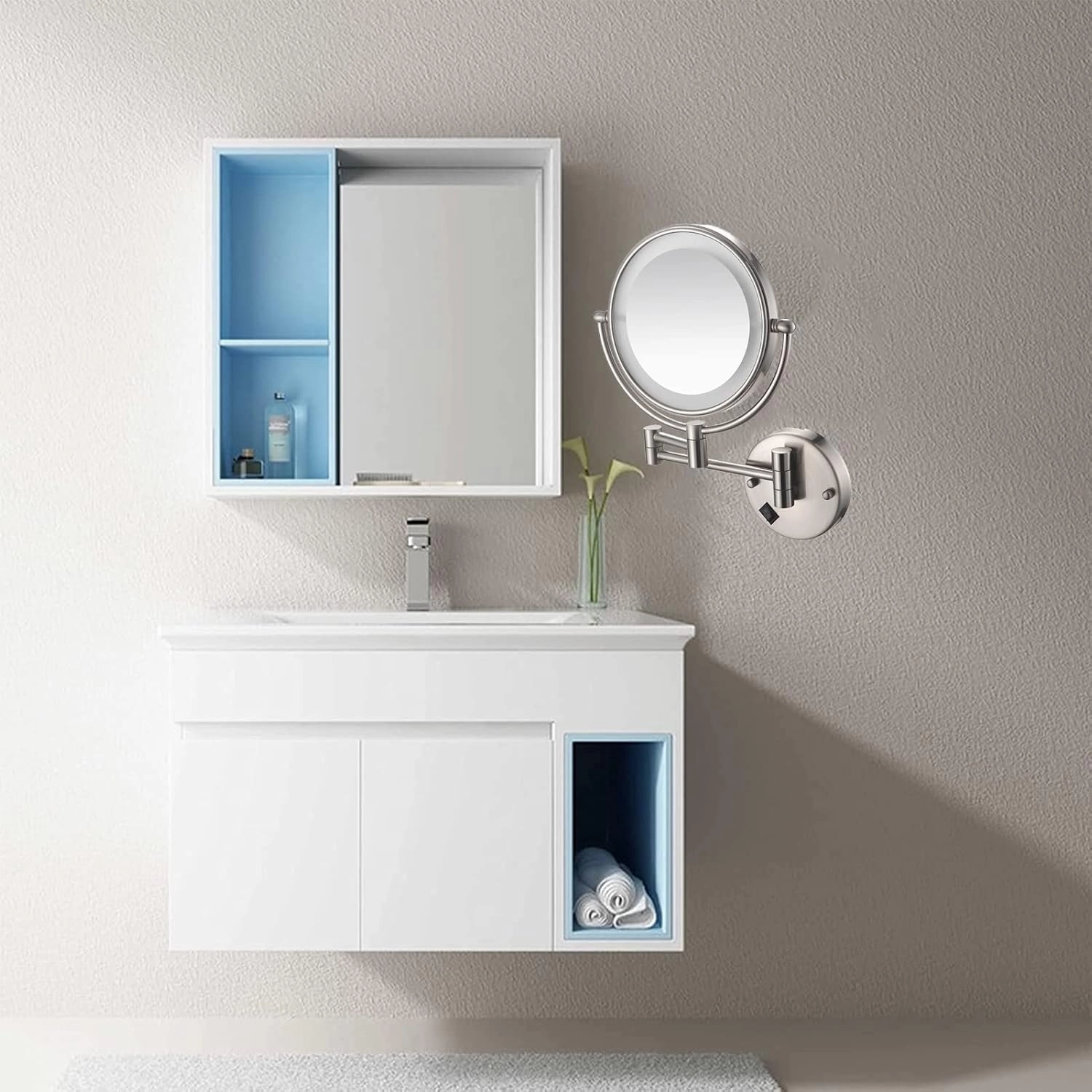 8 Inch Wall Mounted Makeup Mirror with LED Lights, Plug 3X Magnifying Mirror, Wall 360°Rotatable Extendable Double-Sided, Bathroom and in Beauty and Personal Care, Brushed Nickel