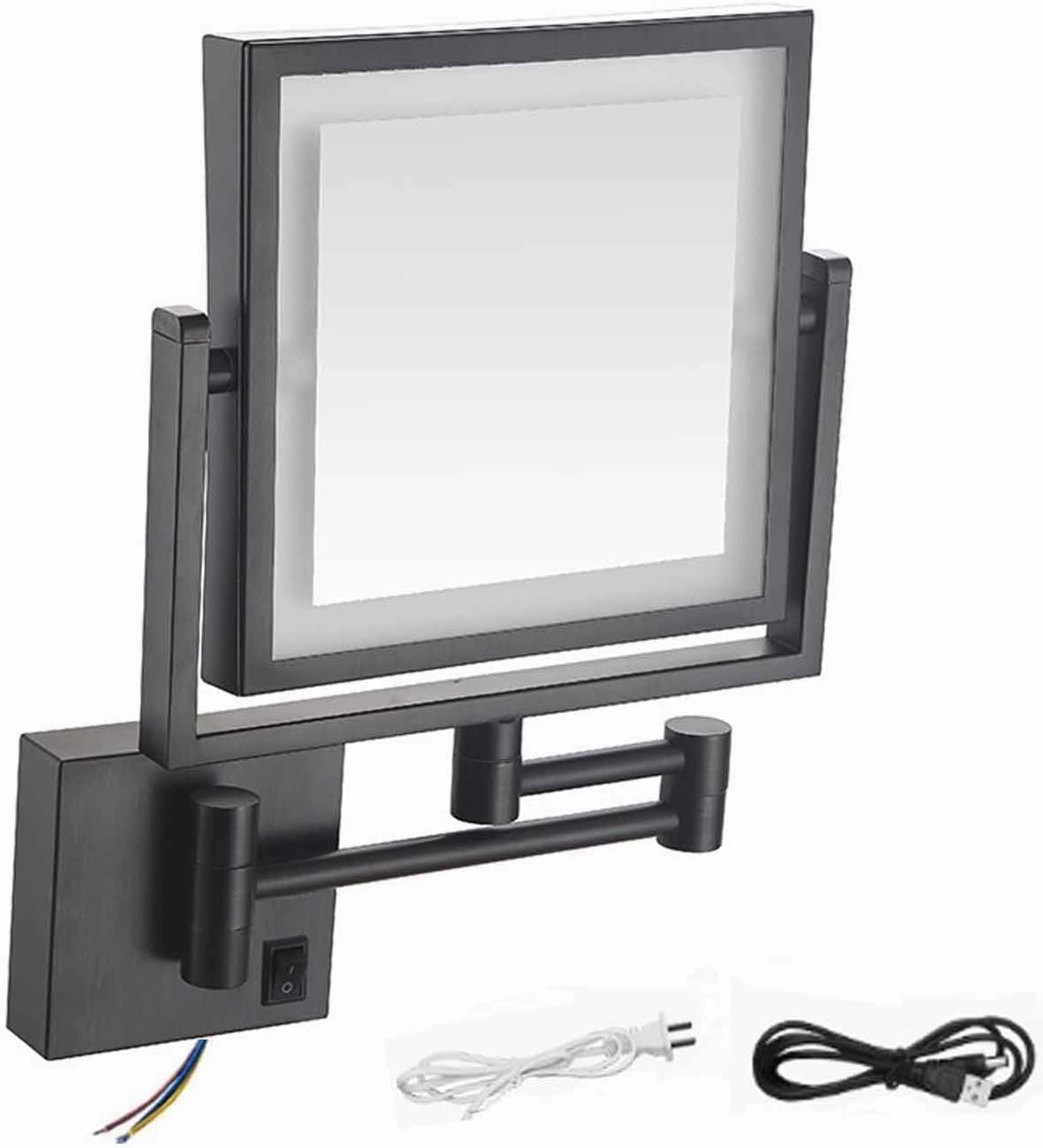 8 Inch Wall Mounted Square LED Lighted Makeup Vanity Mirror ，Dual Sided HD 1X/3X Magnifying Shaving Mirror 360° Swivel Foldable Brass Cosmetic Mirror Black Hardwired(Black,Plugln)
