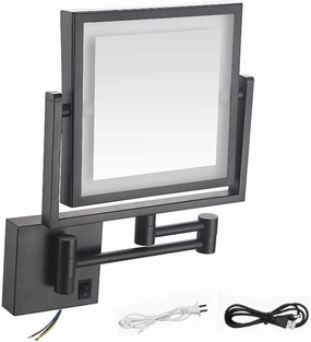 8 Inch Wall Mounted Square LED Lighted Makeup Vanity Mirror ，Dual Sided HD 1X/3X Magnifying Shaving Mirror 360° Swivel Foldable Brass Cosmetic Mirror Black Hardwired(Black,Plugln)