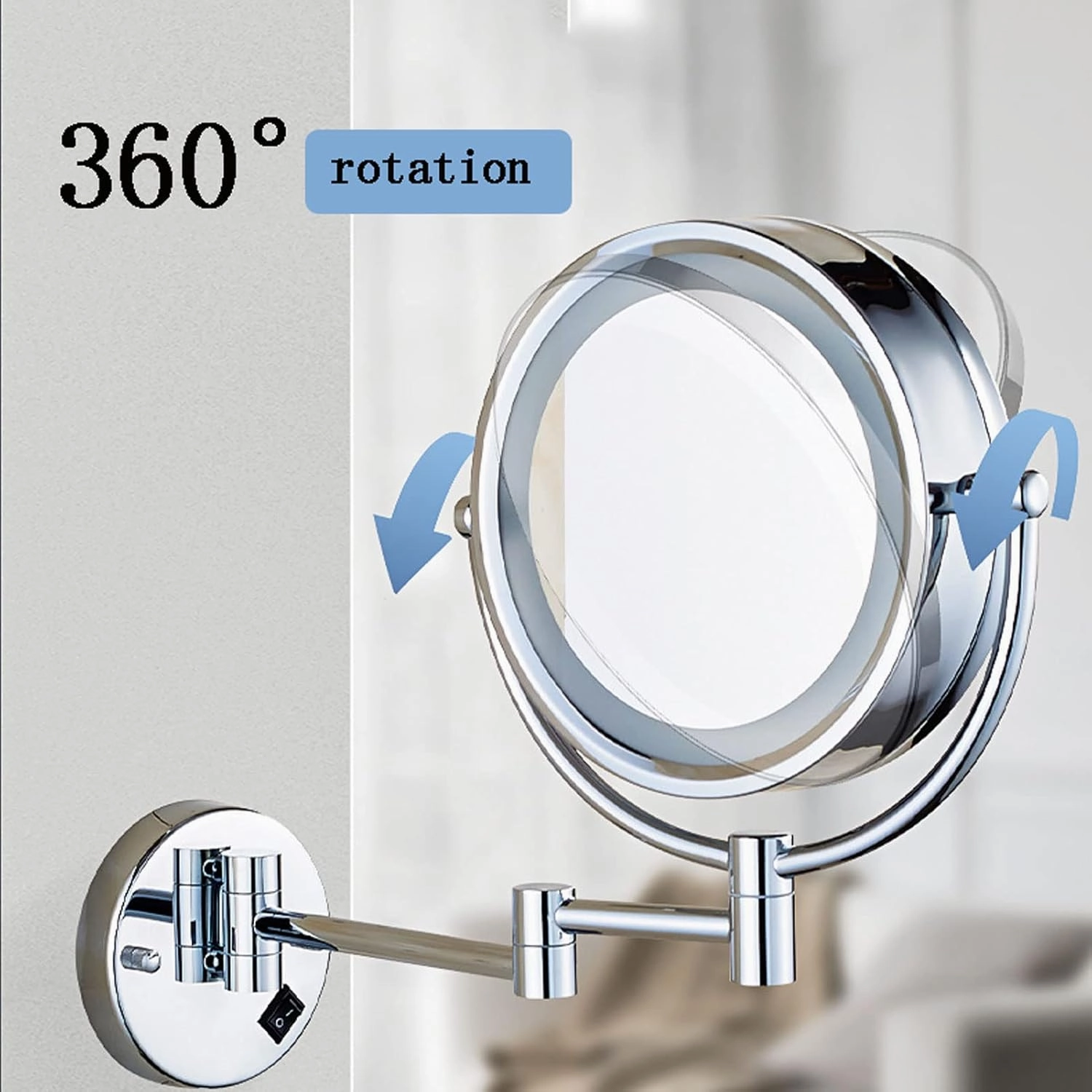 8 Inches Wall Mount Makeup Mirror with LED Lighted, Double-Sided Vanity Mirror, Cosmetic Mirror, 360° Swivel Bathroom Mirror Retractable Folding Arm (Gold Hard wireX10)