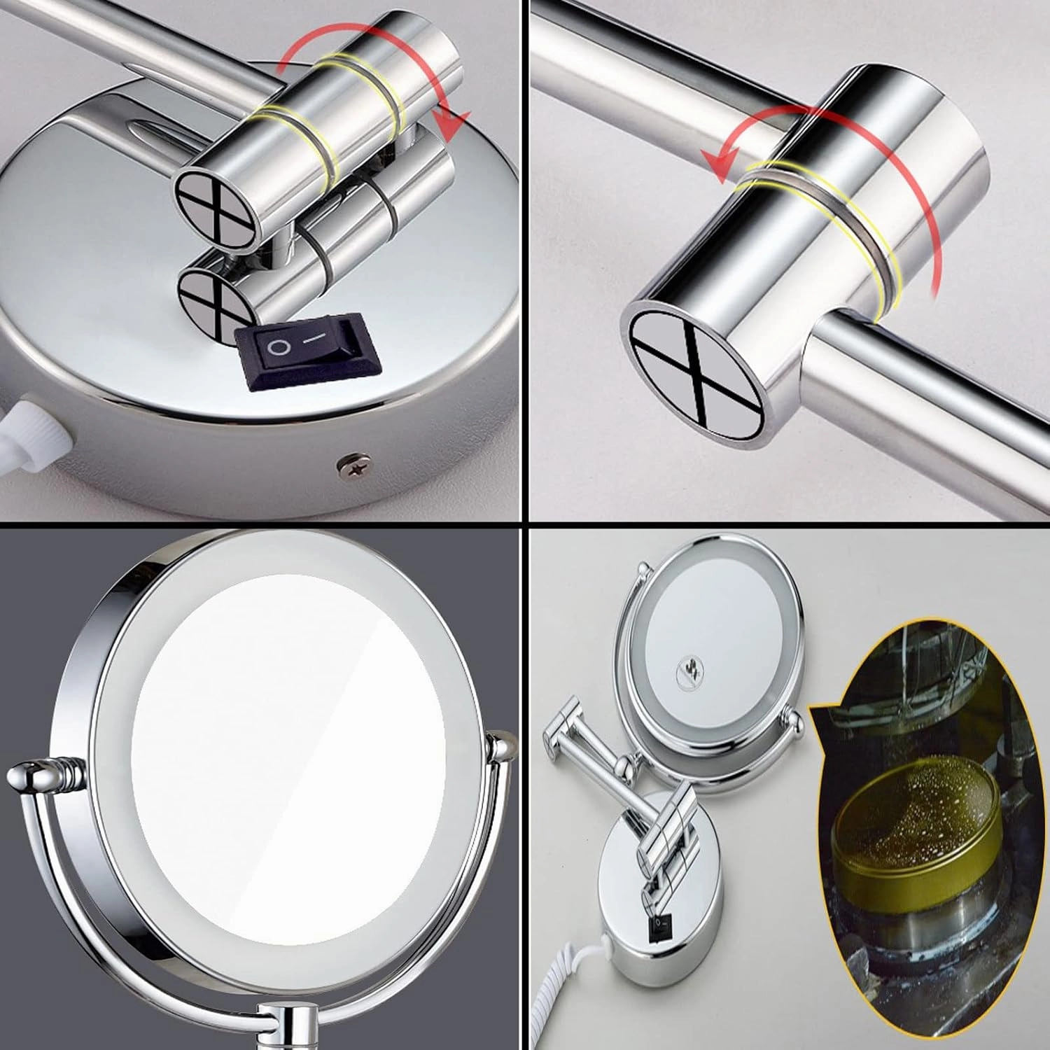 8 Inches Wall Mount Makeup Mirror with LED Lighted, Double-Sided Vanity Mirror, Cosmetic Mirror, 360° Swivel Bathroom Mirror Retractable Folding Arm (Gold Hard wireX10)