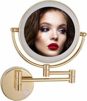 8 Inches Wall Mount Makeup Mirror with LED Lighted, Double-Sided Vanity Mirror, Cosmetic Mirror, 360° Swivel Bathroom Mirror Retractable Folding Arm (Gold Hard wireX10)