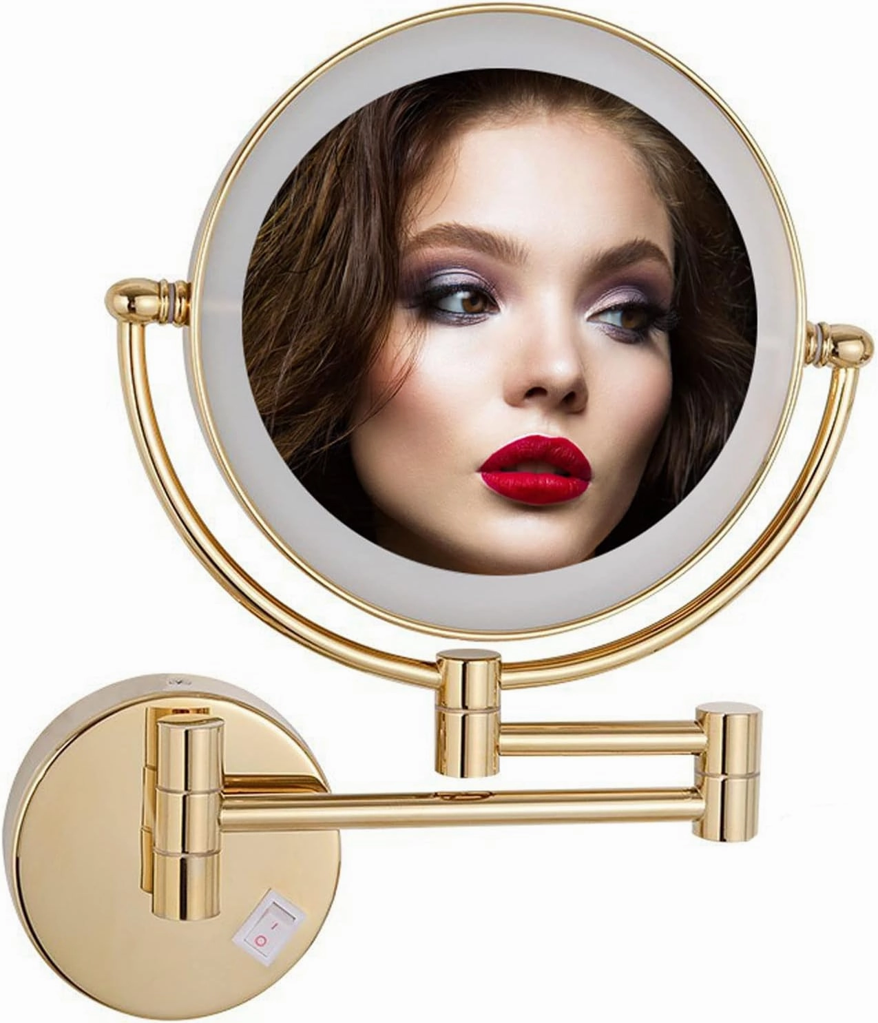 8 Inches Wall Mount Makeup Mirror with LED Lighted, Double-Sided Vanity Mirror, Cosmetic Mirror, 360° Swivel Bathroom Mirror Retractable Folding Arm (Gold Hard wireX10)