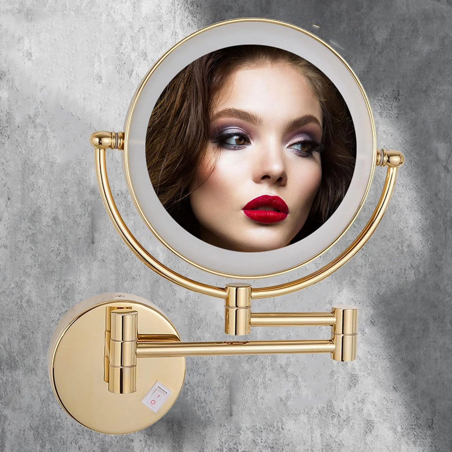 8 Inches Wall Mount Makeup Mirror with LED Lighted, Double-Sided Vanity Mirror, Cosmetic Mirror, 360° Swivel Bathroom Mirror Retractable Folding Arm (Gold Hard wireX10)