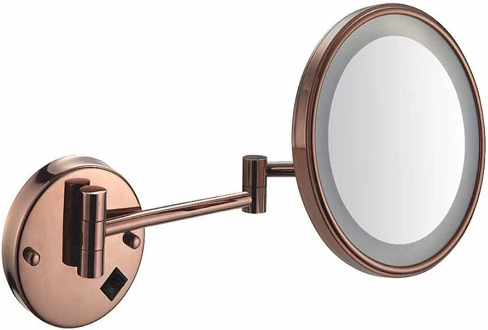 8inch Wall Mount Vanity Mirror with Lights for Makeup Extendable Round Cosmetic Mirror with 7X Magnification Perfect for Shaving in Bedroom Silver Mirror(Rose Gold,10x)