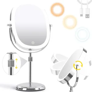 9'' Lighted Makeup Mirror with 1x/7x Magnification, Height Adjustable Vanity Mirror, 3 Color Light Lighted Mirror with Magnification, Rechargeable 360° Swivel Double Sided Makeup Mirror, Chrome