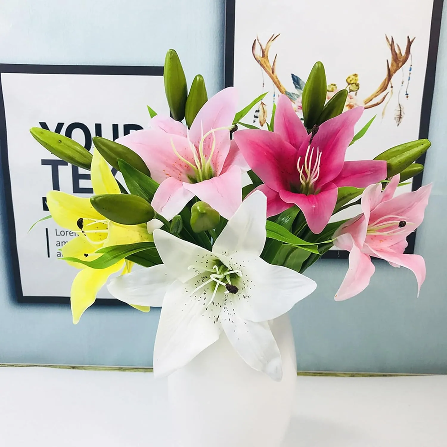 9 Pcs Artificial Lily for Easter, White Flowers Fake Tiger Lily for Home Decor Indoor Tiger Lily Flowers White Flowers Floral Arrangement Wedding Party Decor Yellow
