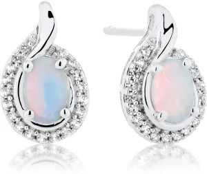 .925 Sterling Silver, Oval Lab-Grown White and Pink Opal Cabochon & Lab-Grown White Sapphire 1/3" Halo Teardrop Stud Earrings