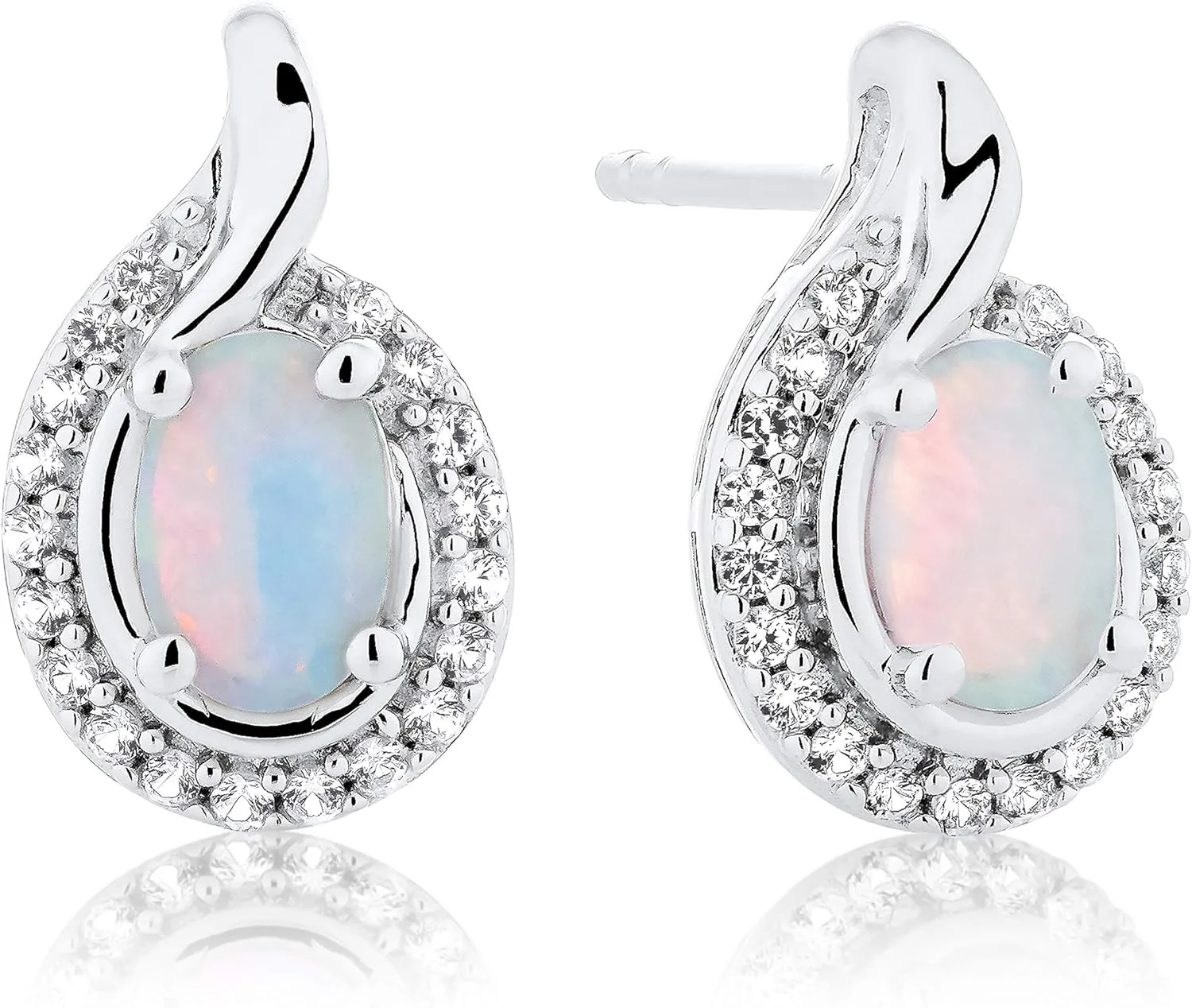 .925 Sterling Silver, Oval Lab-Grown White and Pink Opal Cabochon & Lab-Grown White Sapphire 1/3" Halo Teardrop Stud Earrings