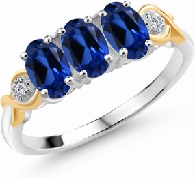 925 Silver and 10K Yellow Gold Gemstone Birthstone and Accent Lab Grown Diamond 3-Stone Engagement Ring for Women | Oval 6X4MM & Round 1.3MM | Two-Tone Wedding Anniversary Promise Ring | Size 5-9