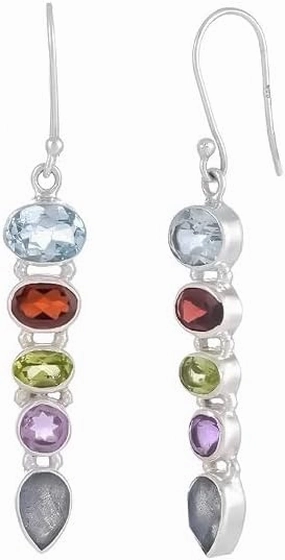 925 Sterling Silver Multicolor Gemstone Drop Dangle Statement Earring for Women Crystal Teardrop Earrings