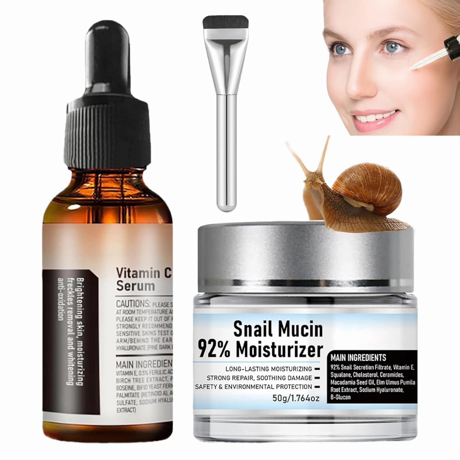 A Collection Moisturizing Hydrating Soothing with Vitamin C Skin Brightening Serum & Snail Mucin 92% Brightening and Firming (1 set)