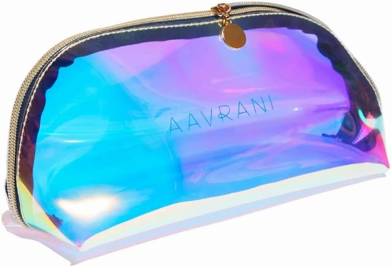 AAVRANI Holographic Clear Bag - Perfect Travel Bag for Cosmetics, Makeup, Toiletries, Skincare, and Skincare Tools, Water Resistant, Central-Zip Compartment, Wide Opening