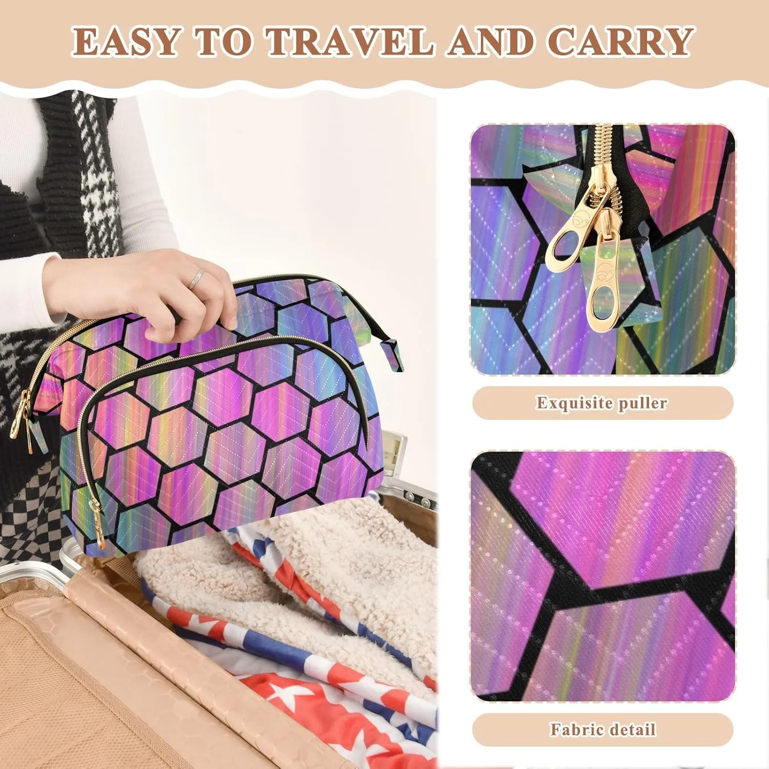 Abstract Colorful Hexagonal Geometric Texture in Rainbow Color Women Cosmetic Bag Makeup Bag Stylish Trip Beauty Bag Travel Toiletry Bag with Bottle Organizer 10.2 x 5.9 x 6.7 inch