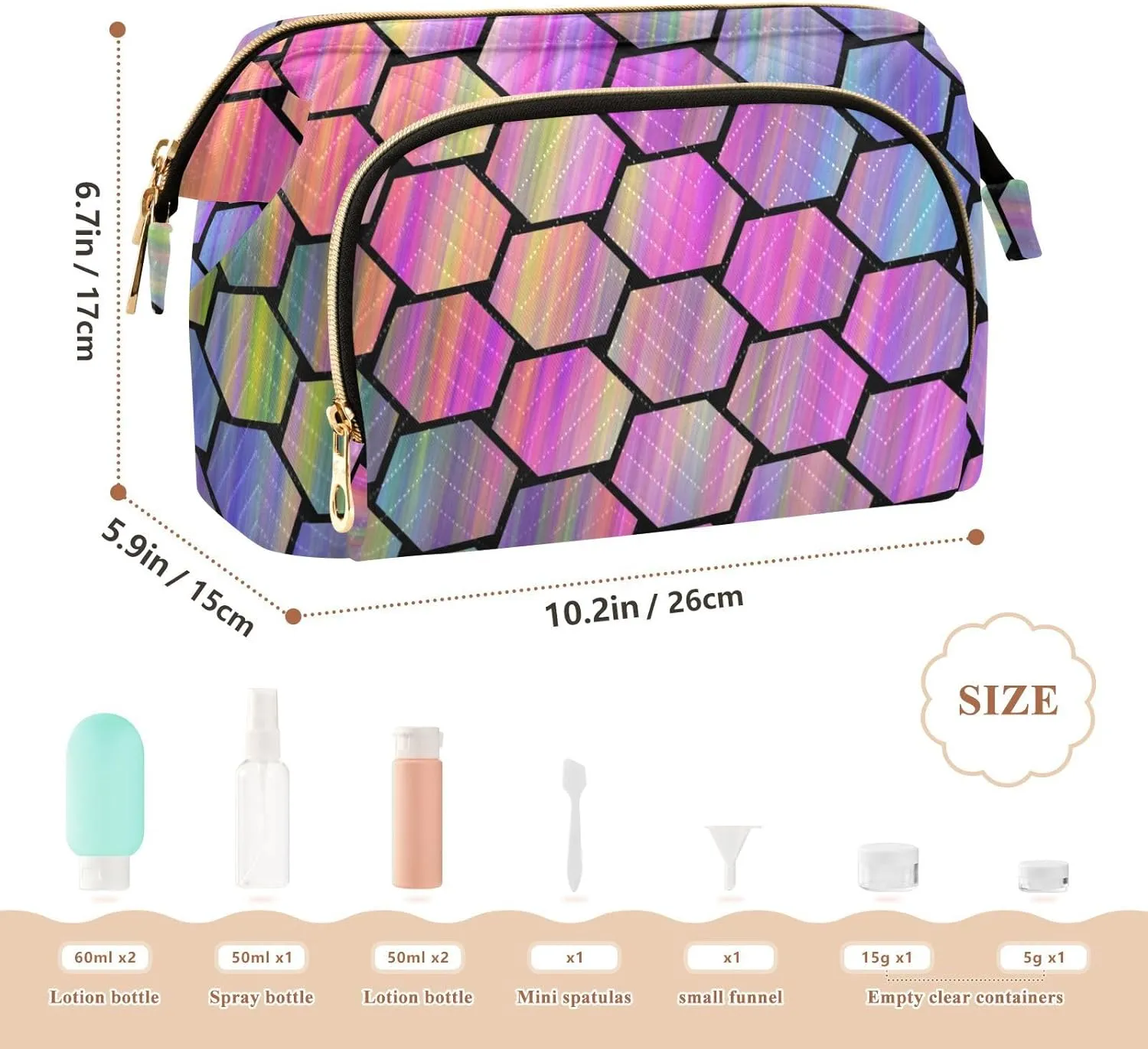 Abstract Colorful Hexagonal Geometric Texture in Rainbow Color Women Cosmetic Bag Makeup Bag Stylish Trip Beauty Bag Travel Toiletry Bag with Bottle Organizer 10.2 x 5.9 x 6.7 inch