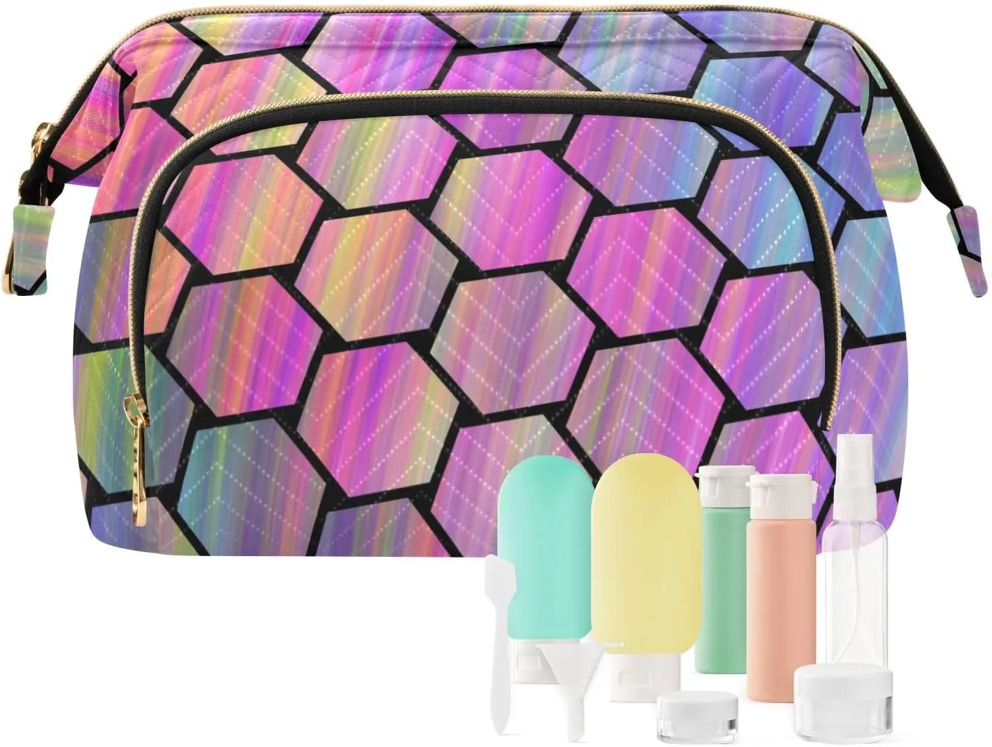 Abstract Colorful Hexagonal Geometric Texture in Rainbow Color Women Cosmetic Bag Makeup Bag Stylish Trip Beauty Bag Travel Toiletry Bag with Bottle Organizer 10.2 x 5.9 x 6.7 inch