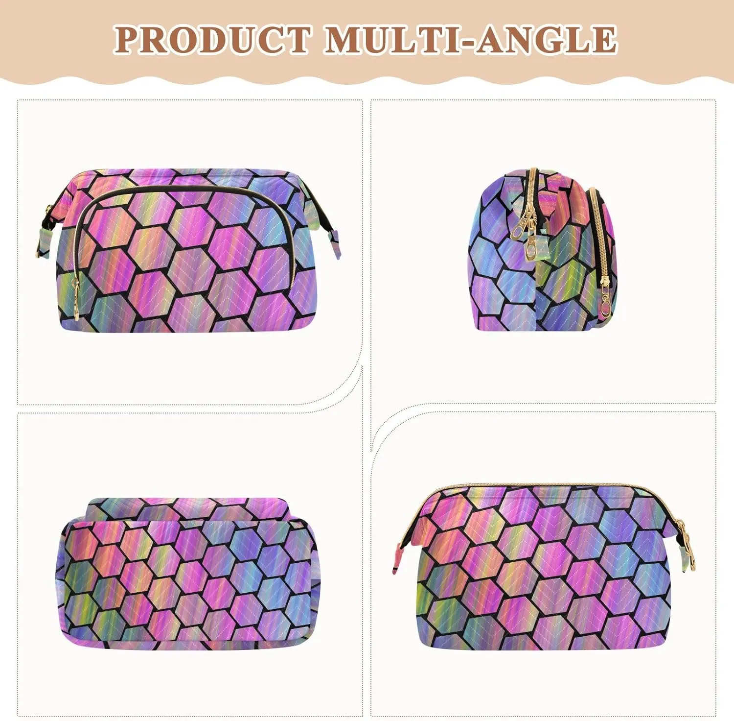 Abstract Colorful Hexagonal Geometric Texture in Rainbow Color Women Cosmetic Bag Makeup Bag Stylish Trip Beauty Bag Travel Toiletry Bag with Bottle Organizer 10.2 x 5.9 x 6.7 inch